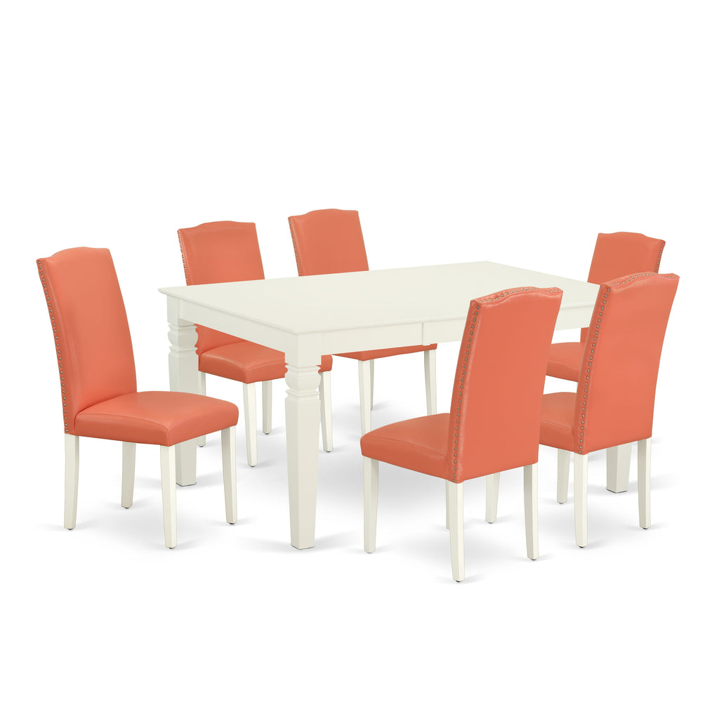 WEEN7-BP0-6Z Chic 7-Piece Dining Ensemble with Rectangular Butterfly Leaf Table and 6 Flamingo Faux Leather Chairs in Elegant White