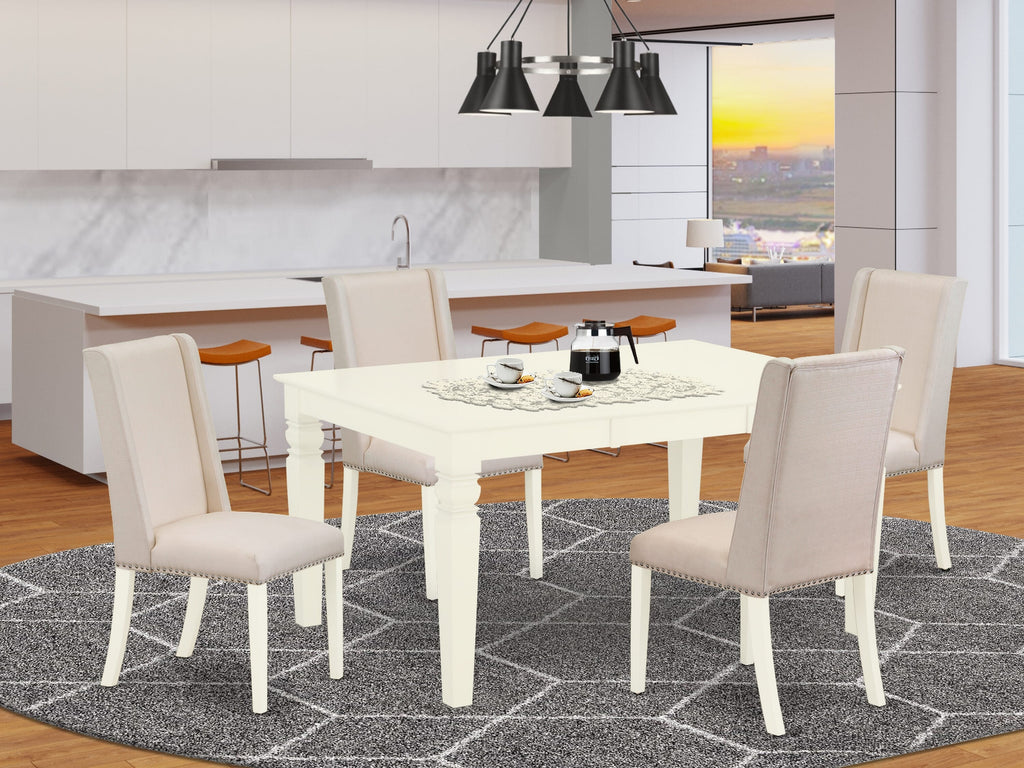 WEFL5-869-Z1 5-Piece Modern Dining Ensemble Rectangle Table, Leaf Extension & 4 Cream Linen Chairs, Linen White Finish