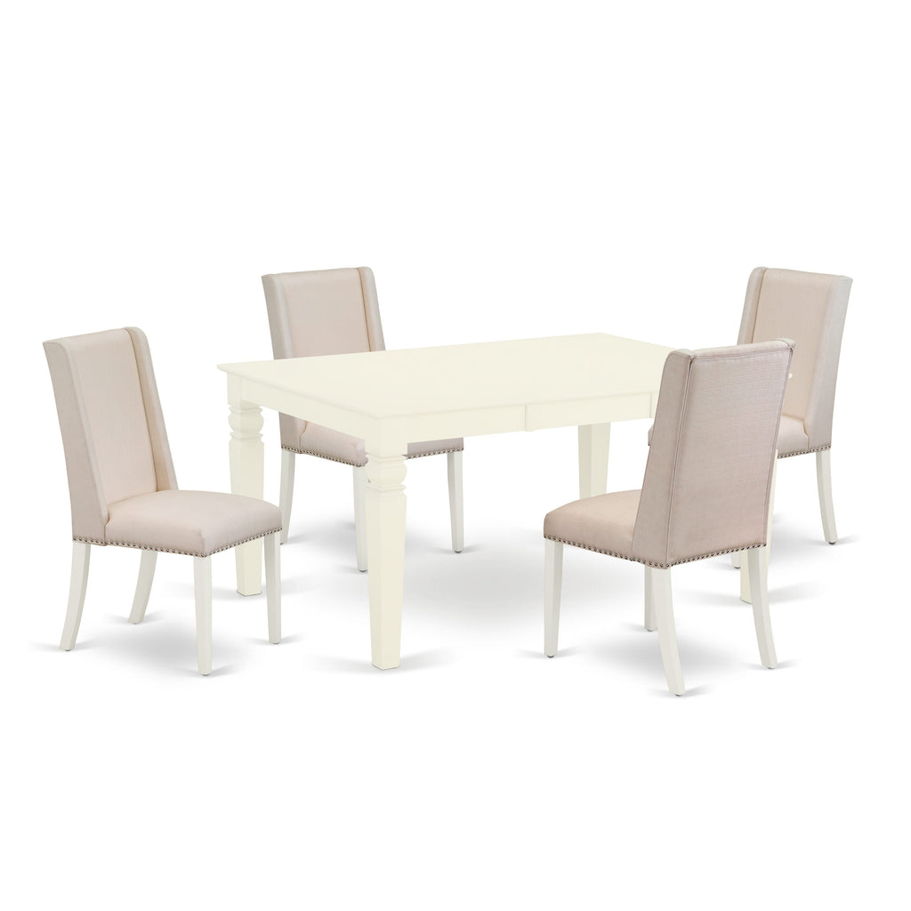 WEFL5-869-Z1 5-Piece Modern Dining Ensemble Rectangle Table, Leaf Extension & 4 Cream Linen Chairs, Linen White Finish
