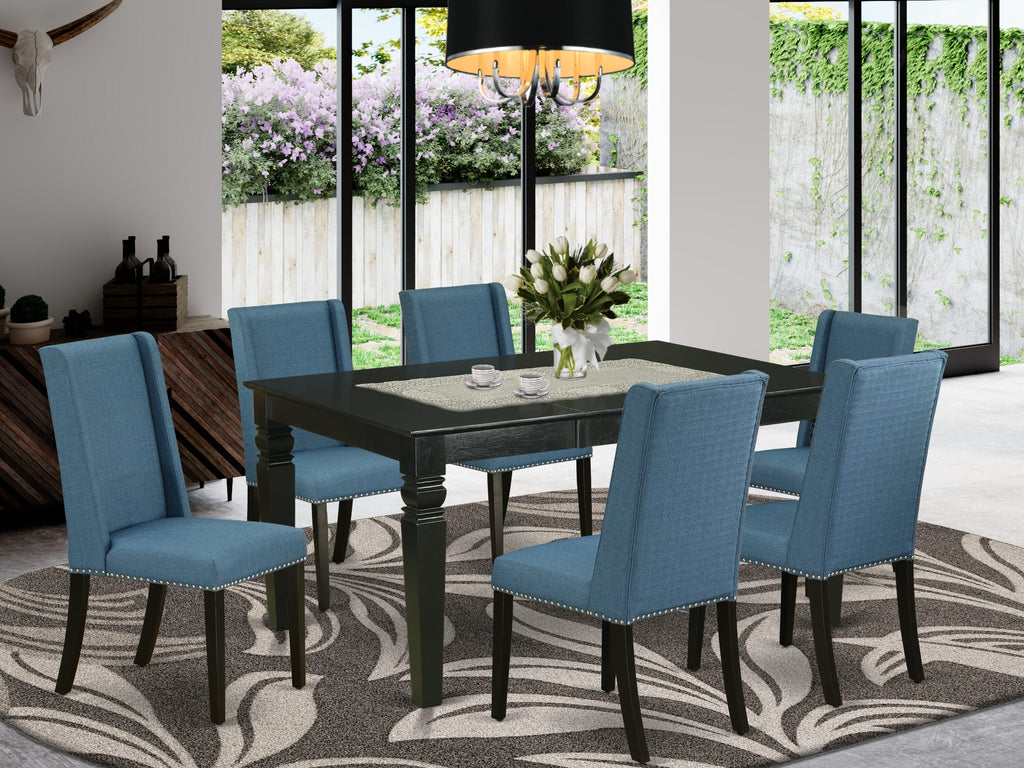 WEFL7-XZE-QO 7-Piece Dining Set with Butterfly Leaf Table & 6 Linen Upholstered Chairs in Blue, Black Finish