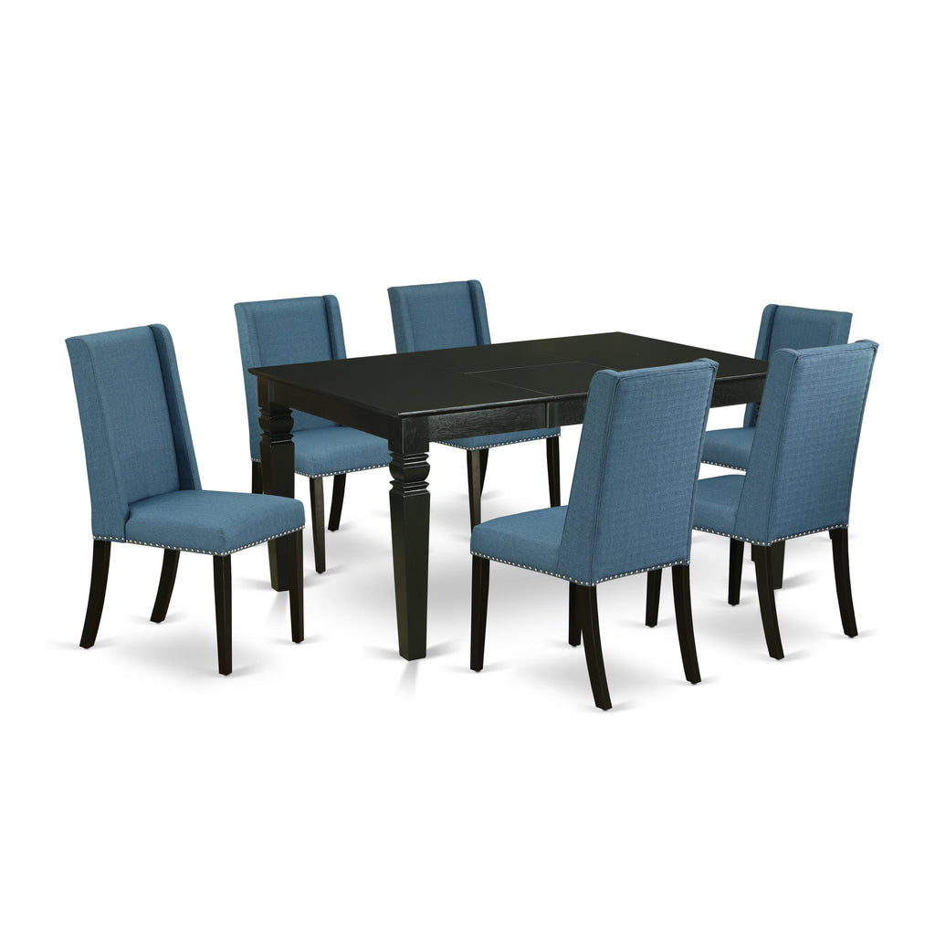 WEFL7-XZE-QO 7-Piece Dining Set with Butterfly Leaf Table & 6 Linen Upholstered Chairs in Blue, Black Finish