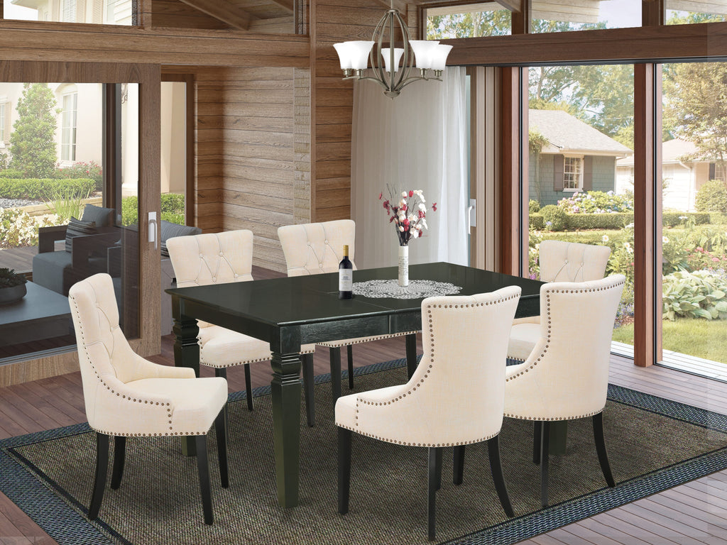WEFR7-S2O-BZ 7-Piece Dining Set with Expandable Table and Beige Fabric Chairs, Black Finish