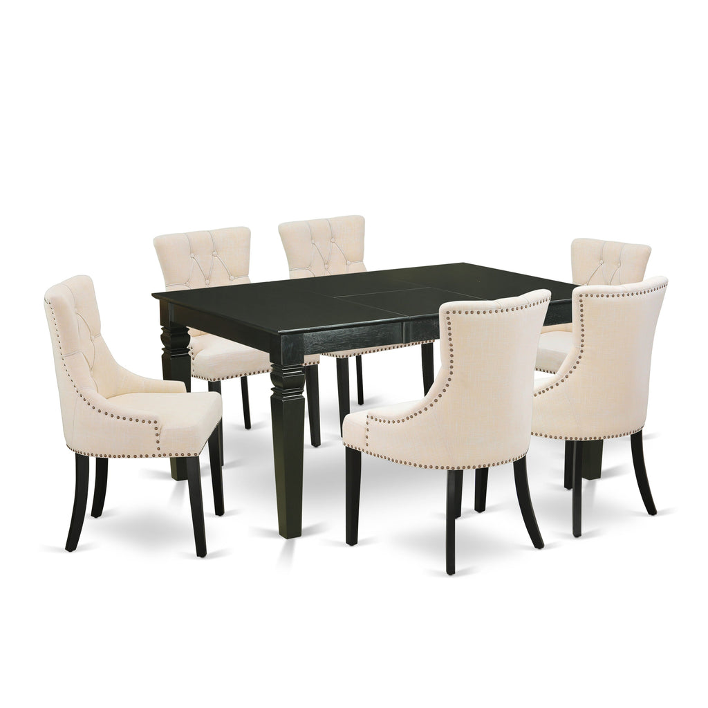 WEFR7-S2O-BZ 7-Piece Dining Set with Expandable Table and Beige Fabric Chairs, Black Finish