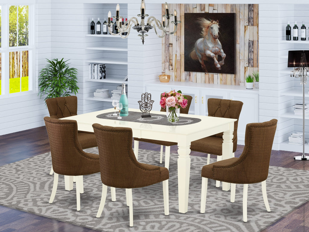WEFR7-ICE-6Z Elegant 7-Pc Dining Set Rectangular Table & 6 Brown Parson Chairs with Butterfly Leaf, 42x60 in Linen White Finish