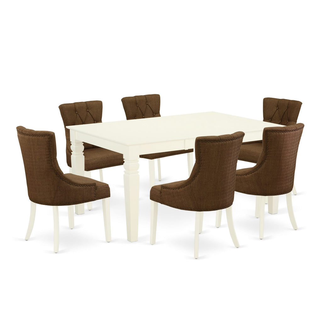 WEFR7-ICE-6Z Elegant 7-Pc Dining Set Rectangular Table & 6 Brown Parson Chairs with Butterfly Leaf, 42x60 in Linen White Finish