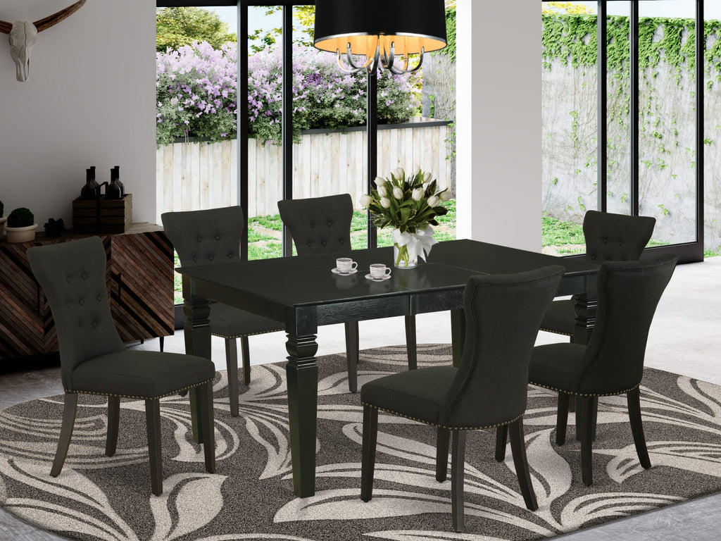 WEGA7-7ZJ-3A Dining Ensemble Rectangular Table & 6 Charcoal Fabric Parsons Chairs with Extendable Feature