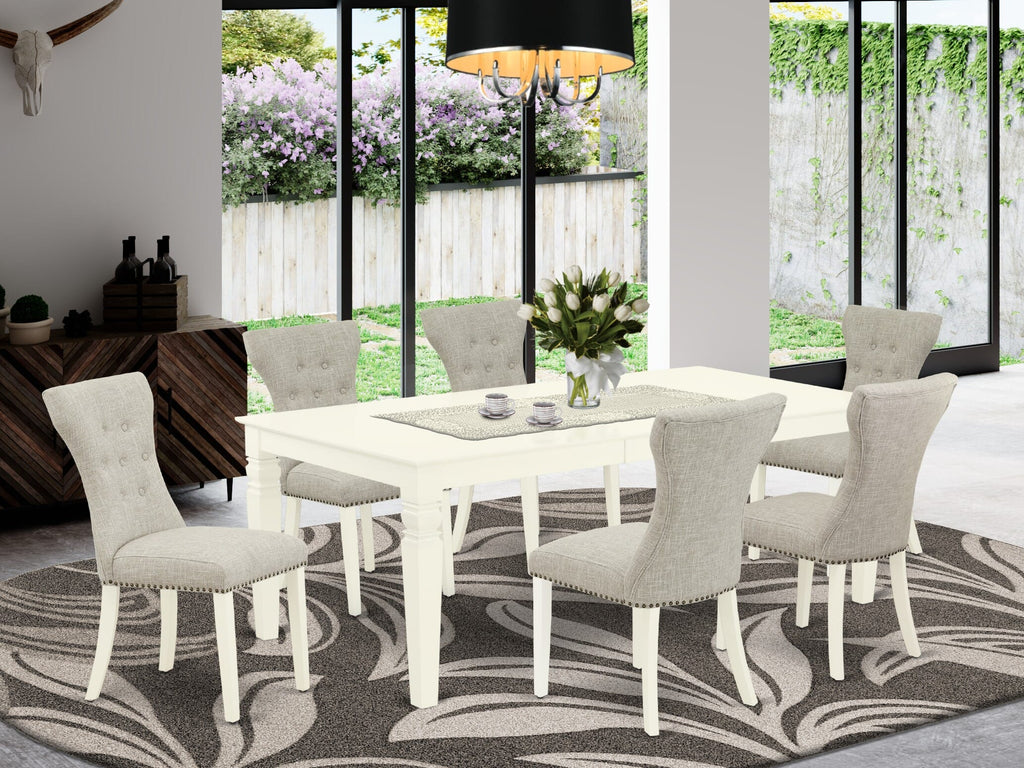 Elegant Dining Assembly WEGA7-OJ3-2Y, Rectangular Table & 6 Parson Chairs, Linen White Finish