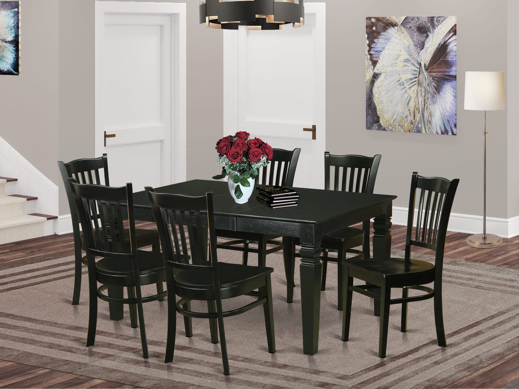WEGR7-3G0-L 7-Piece Ensemble with Butterfly Extension Table and 6 Wooden Seats, 42x60 Black Dining Set