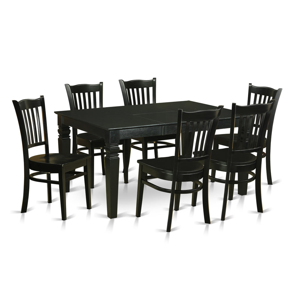 WEGR7-3G0-L 7-Piece Ensemble with Butterfly Extension Table and 6 Wooden Seats, 42x60 Black Dining Set