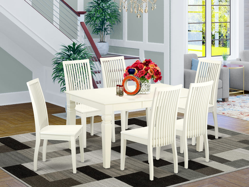 WEIP7-TOM-6 Exquisite 7-Piece Dining Collection with Expandable Table and Six Wooden Chairs, 42x60 Linen White