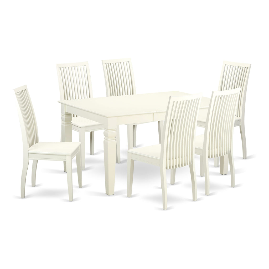 WEIP7-TOM-6 Exquisite 7-Piece Dining Collection with Expandable Table and Six Wooden Chairs, 42x60 Linen White