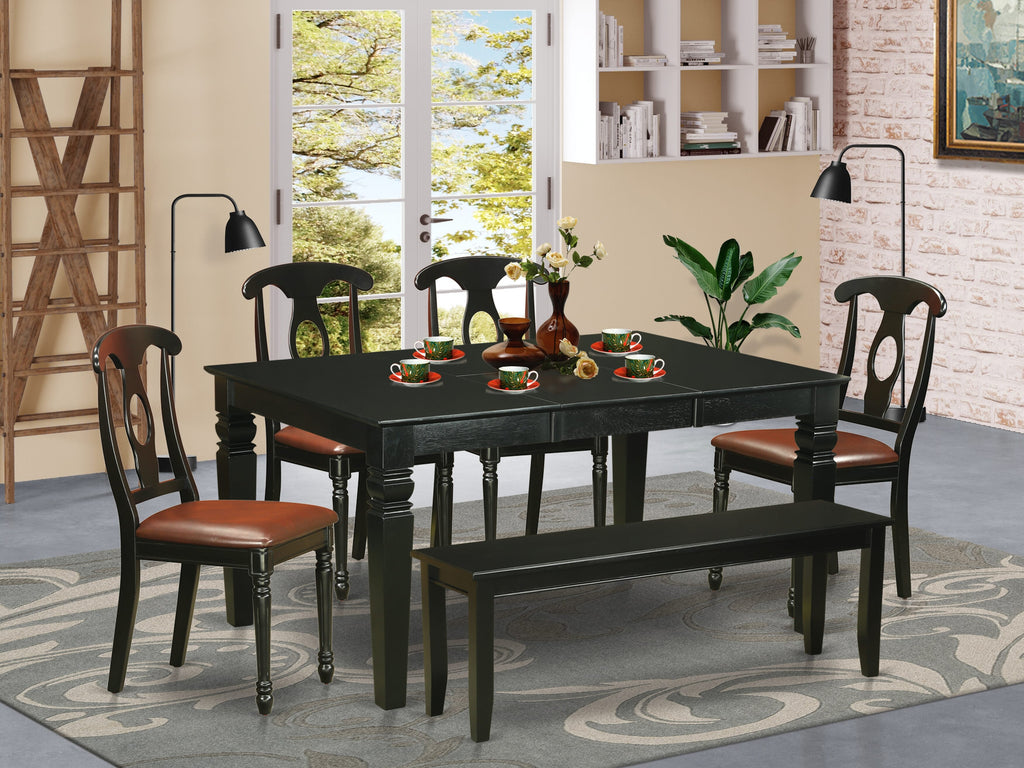 WEKE6D-OQA-R9 Elegant Dining Room Set with Butterfly Leaf Table, 4 Stylish Chairs & Bench, Black 42x60