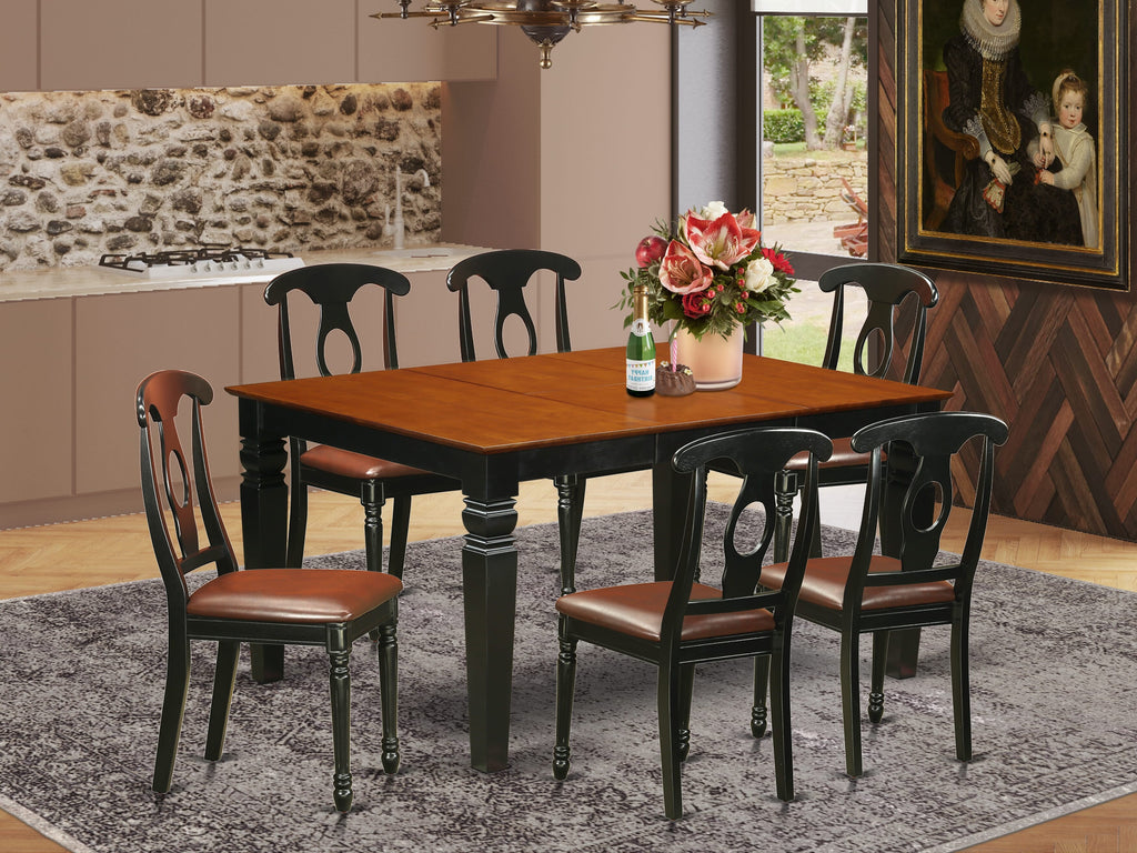 WEKE7-JF8-DL 7-Piece Elegant Dining Set with Rectangle Table, Leaf Extension, and Upholstered Seating for Kitchen or Dining Room, Cherry & Black
