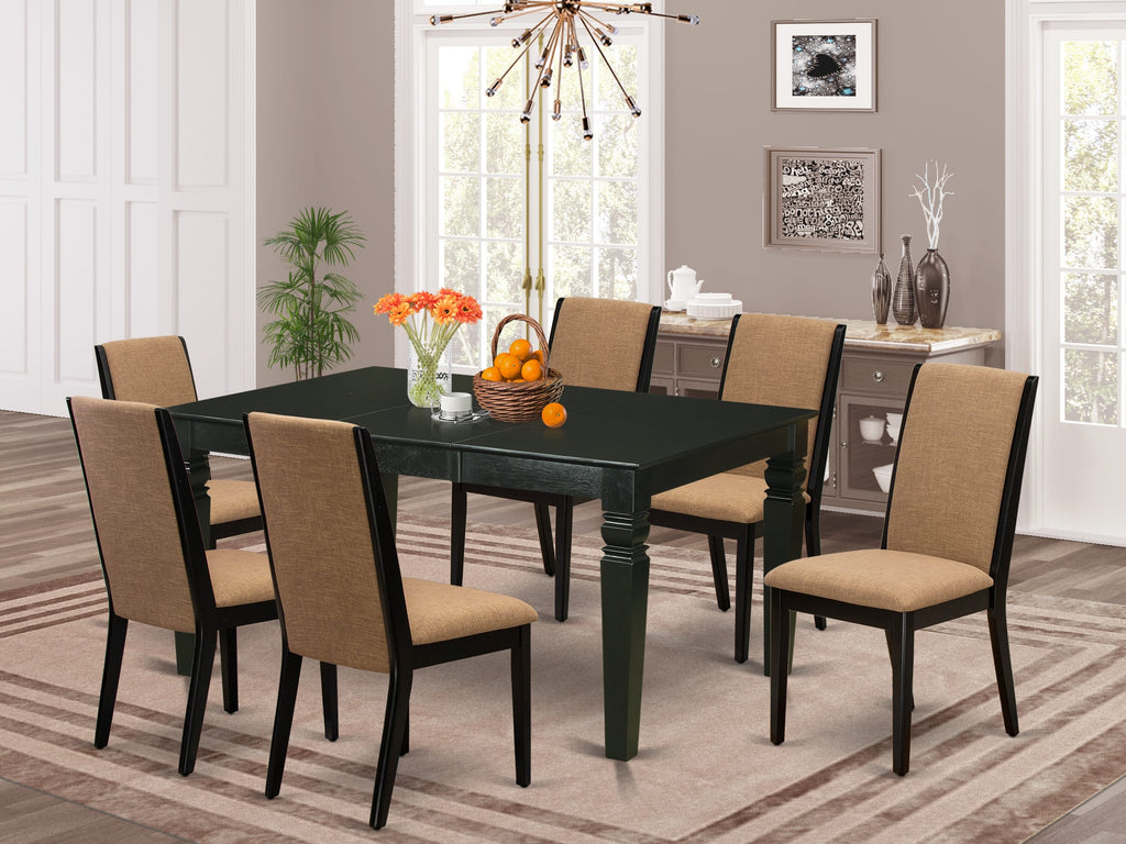 Elegant WELA7-5H1-7J Dining Ensemble 7-Piece Set with Beautiful Linen Chairs and Expanding Table, Black