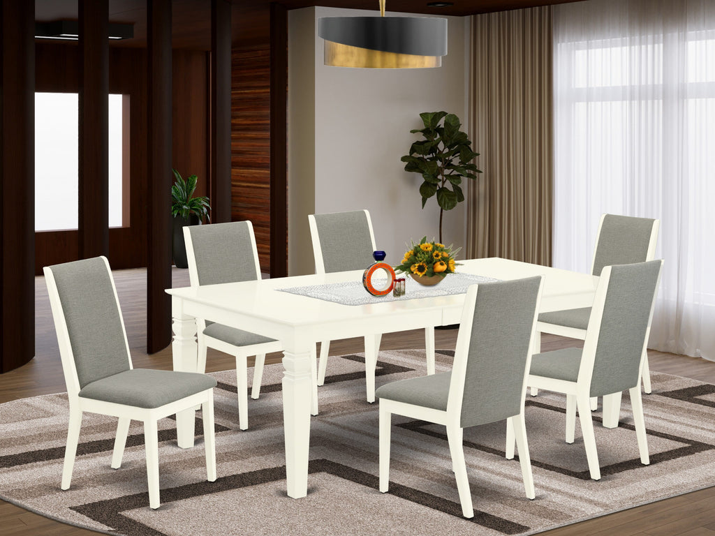 WELA7-RGH-DF 7 Piece Dining Ensemble with Rectangular Table, Butterfly Leaf, and 6 Upholstered Shitake Chairs, Linen White Finish