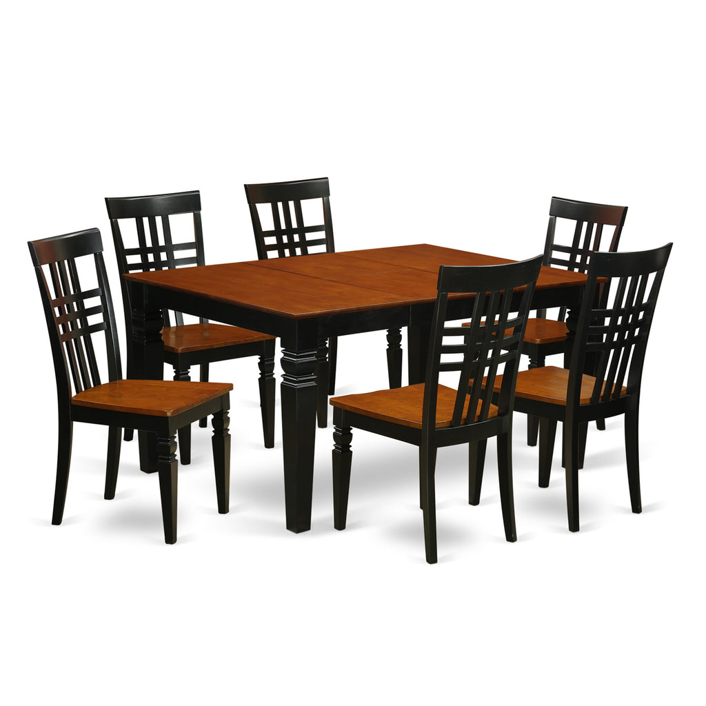 WELG7-1TS-Q 7 Piece Dining Set with Rectangular Butterfly Leaf Table and 6 Chic Chairs, Black & Cherry, 42x60 In