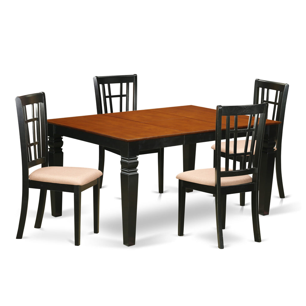 WENI5-ONZ-X 5-Pc Dining Ensemble Rectangular Table & 4 Upholstered Chairs, 42x60 Inch, Cherry & Black