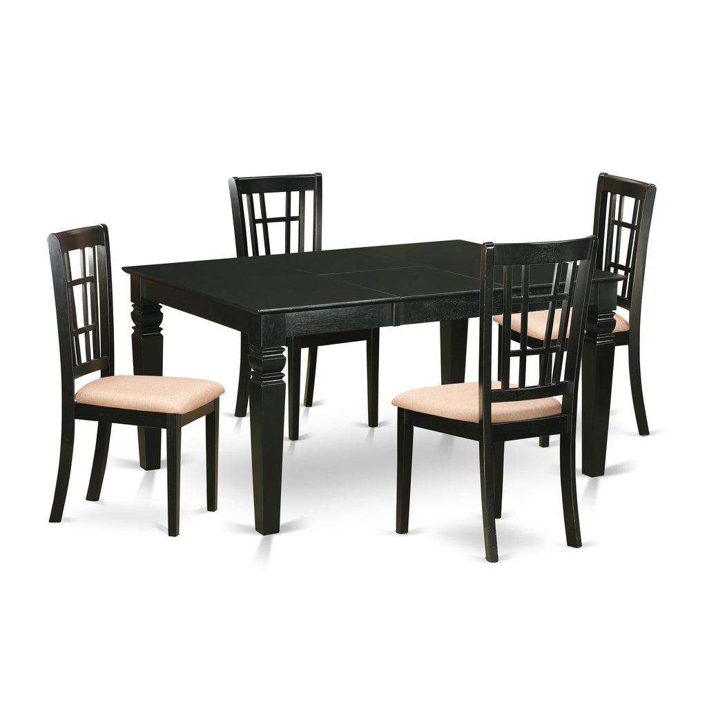 WENI5-40N-T 5-Piece Dining Kit Versatile Table with Extendable Leaf & Linen-Fabric Chairs Set, 42x60, Dark Shade
