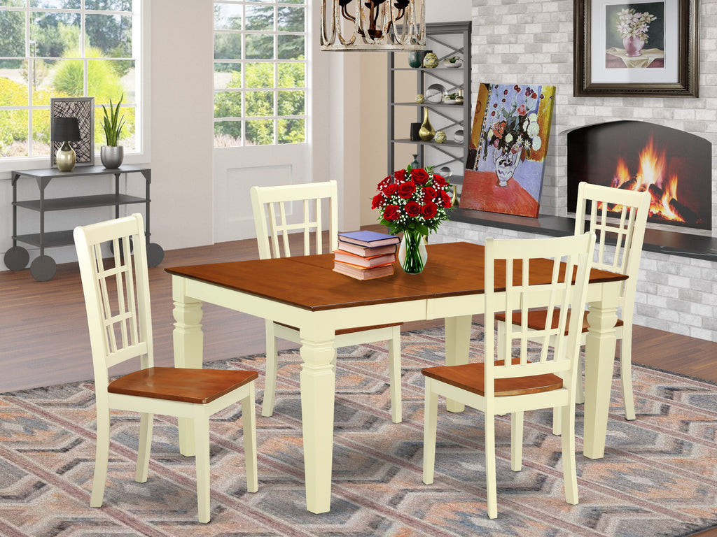 Dining Set WENI5-NL1-O 5-Piece Rectangle Table Ensemble with Expanding Leaf & 4 Chairs, Buttermilk & Cherry Finish, 42x60