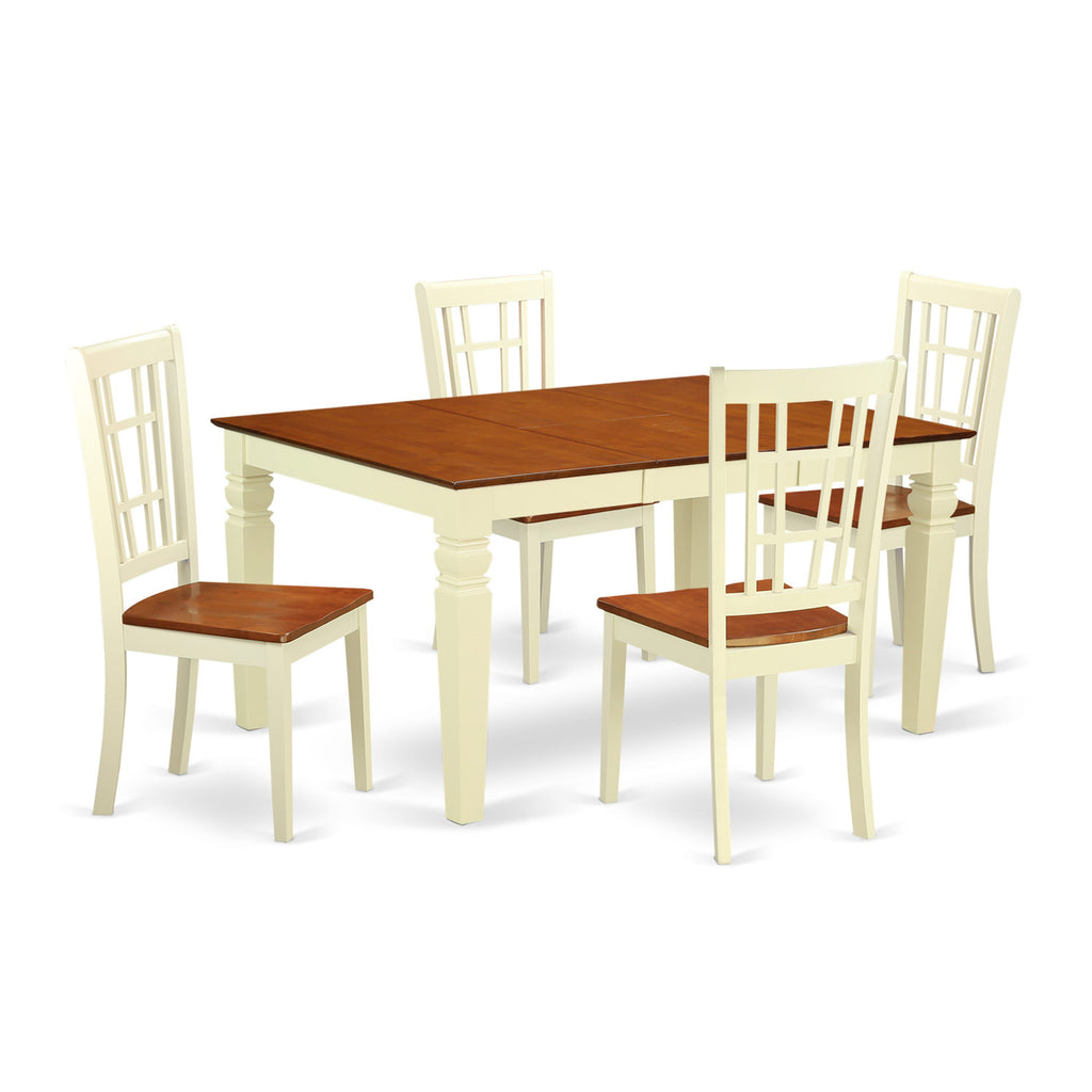 Dining Set WENI5-NL1-O 5-Piece Rectangle Table Ensemble with Expanding Leaf & 4 Chairs, Buttermilk & Cherry Finish, 42x60