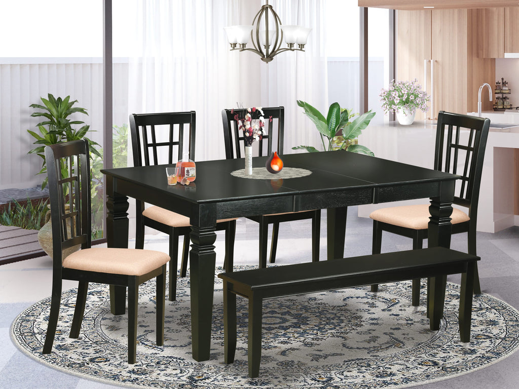 WENI6Y-98J-O Set 6-Piece Dining Suite with Rectangular Butterfly Leaf Table, Fabric Chairs & Bench - Black Finish