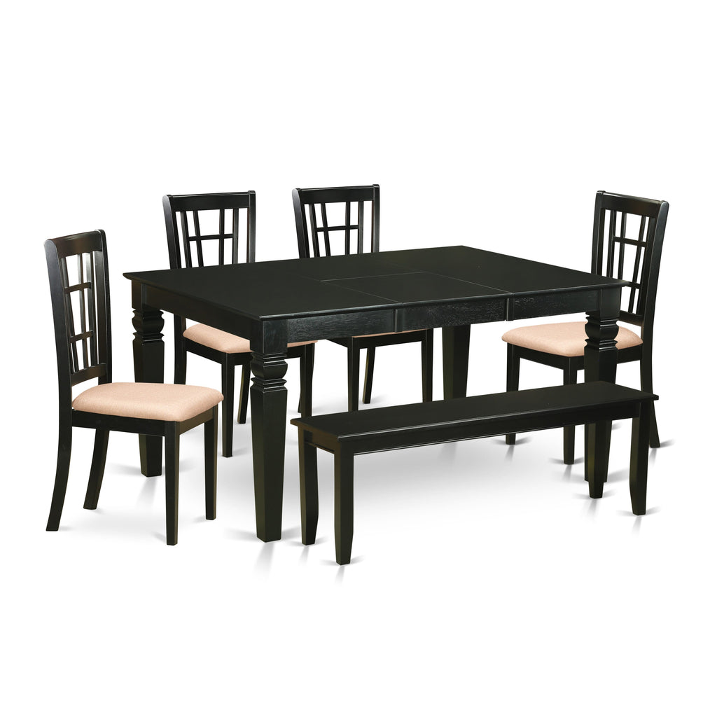 WENI6Y-98J-O Set 6-Piece Dining Suite with Rectangular Butterfly Leaf Table, Fabric Chairs & Bench - Black Finish