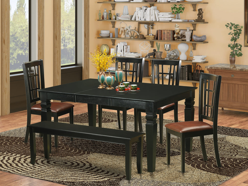 WENI6Z-BIB-CC for Elegant Dining Set - 6 Pc Ensemble with Extendable Table, 4 Leatherette Chairs & Bench, Sleek Black Finish