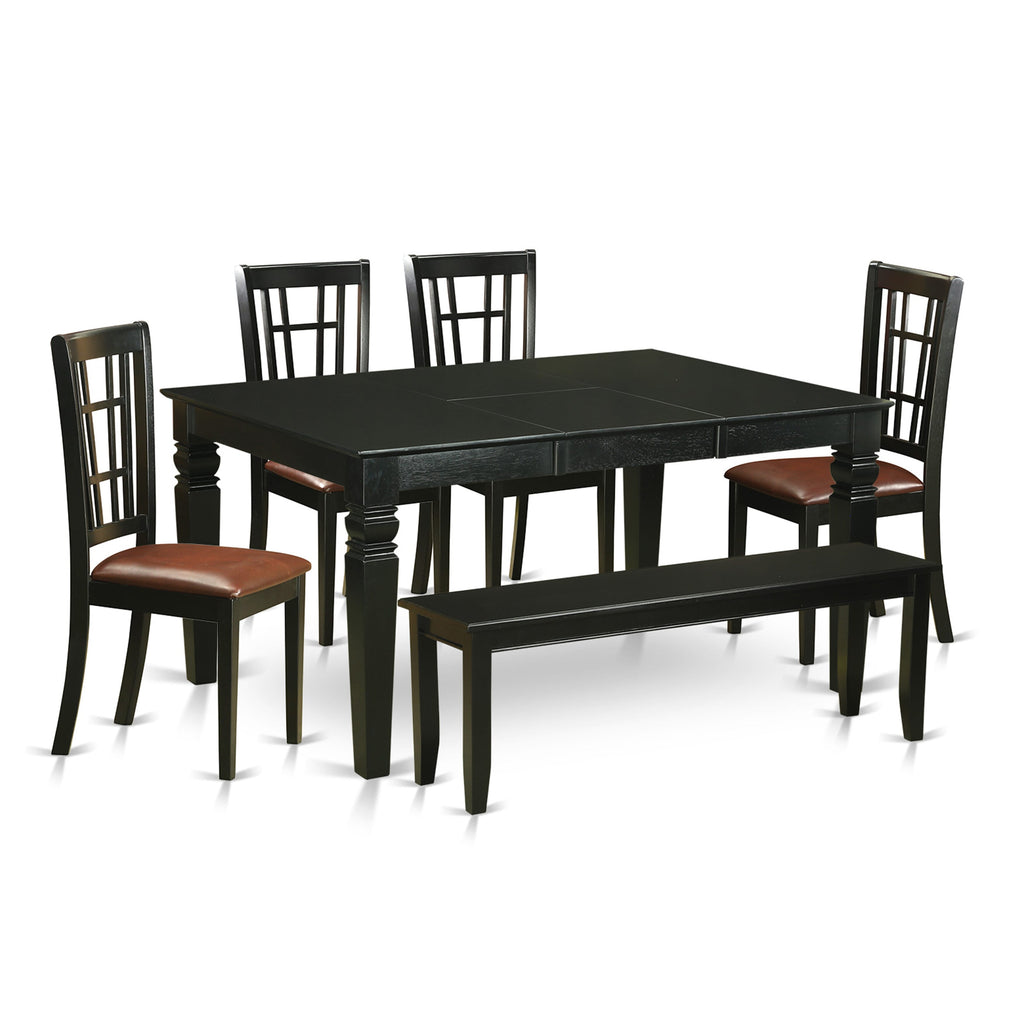WENI6Z-BIB-CC for Elegant Dining Set - 6 Pc Ensemble with Extendable Table, 4 Leatherette Chairs & Bench, Sleek Black Finish