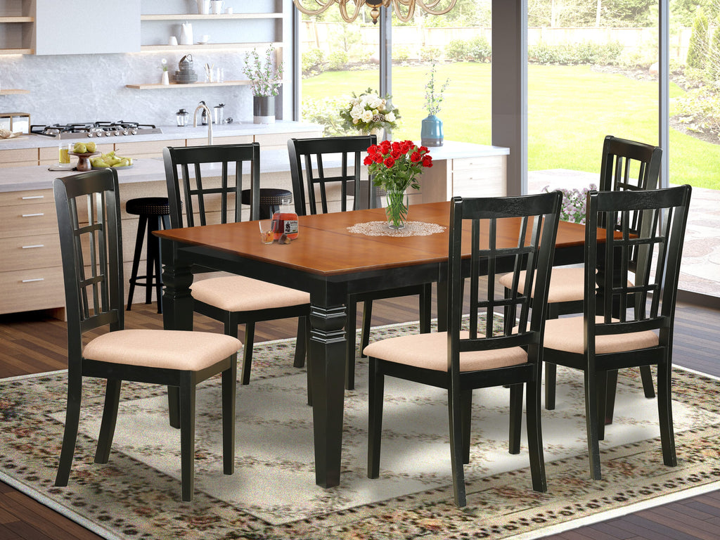 WENI7-FOF-0 Stylish 7-Piece Dining Set Rectangular Table with Extension & 6 Cushioned Chairs, Black & Cherry Charm