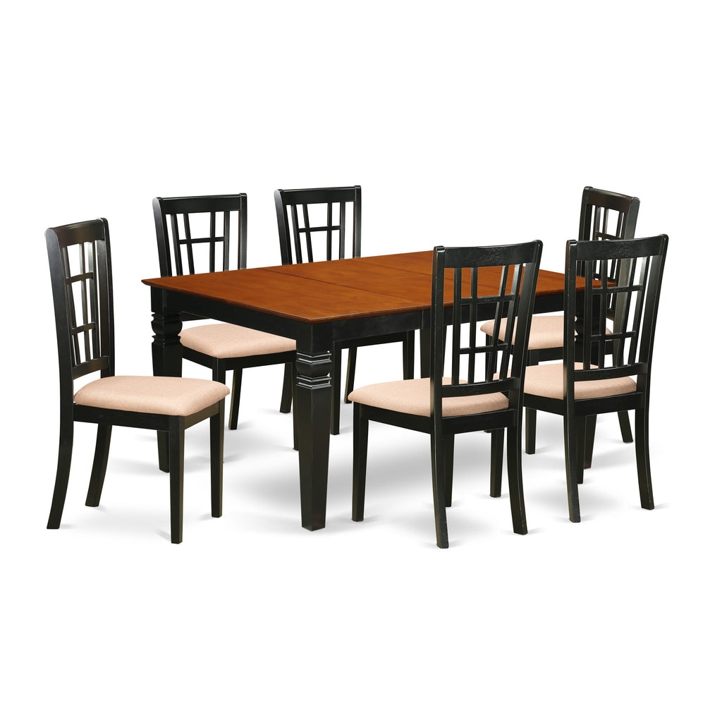 WENI7-FOF-0 Stylish 7-Piece Dining Set Rectangular Table with Extension & 6 Cushioned Chairs, Black & Cherry Charm