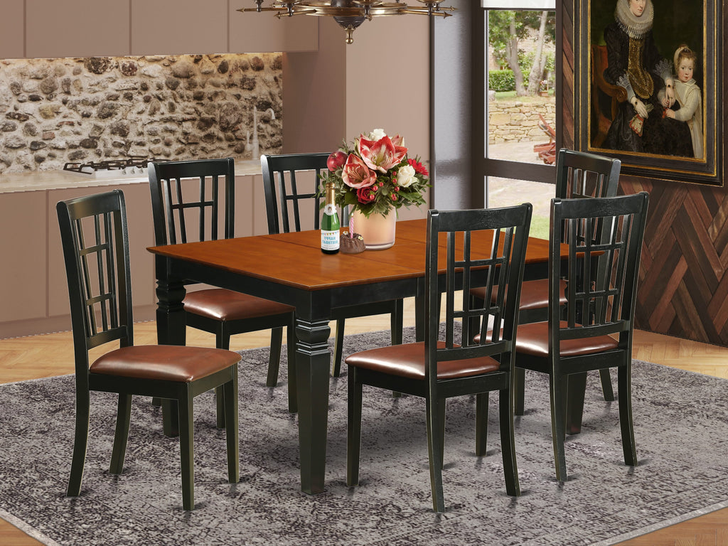 WENI7-Y03-BG Chic 7-Piece Dining Collection Rectangular Butterfly Leaf Table & 6 Faux Leather Chairs, Black