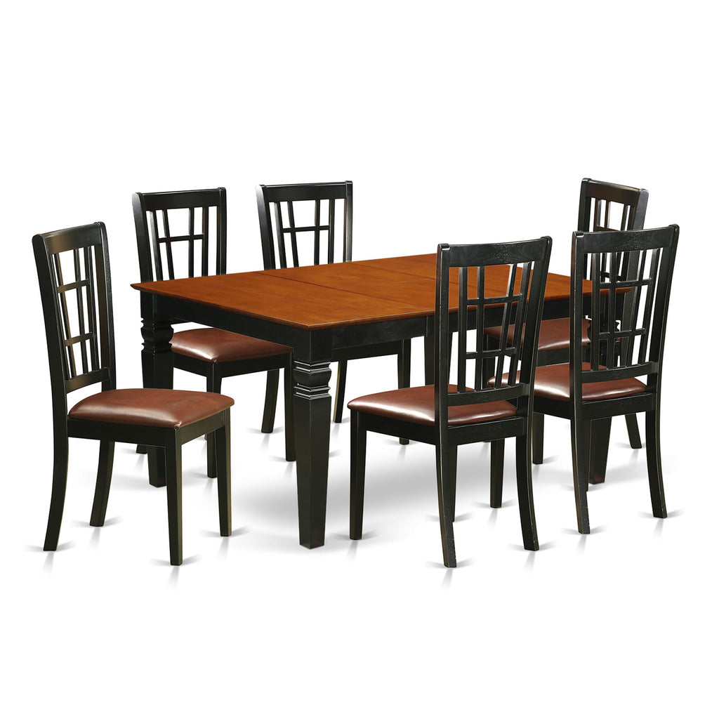 WENI7-Y03-BG Chic 7-Piece Dining Collection Rectangular Butterfly Leaf Table & 6 Faux Leather Chairs, Black