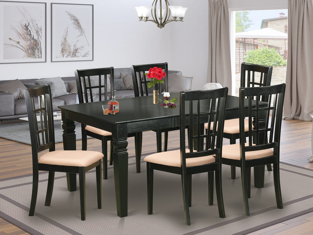 WENI7-PJV-K Set 7-Piece Black Dining Room Ensemble featuring Rectangle Table with Butterfly Leaf & Upholstered Linen Chairs