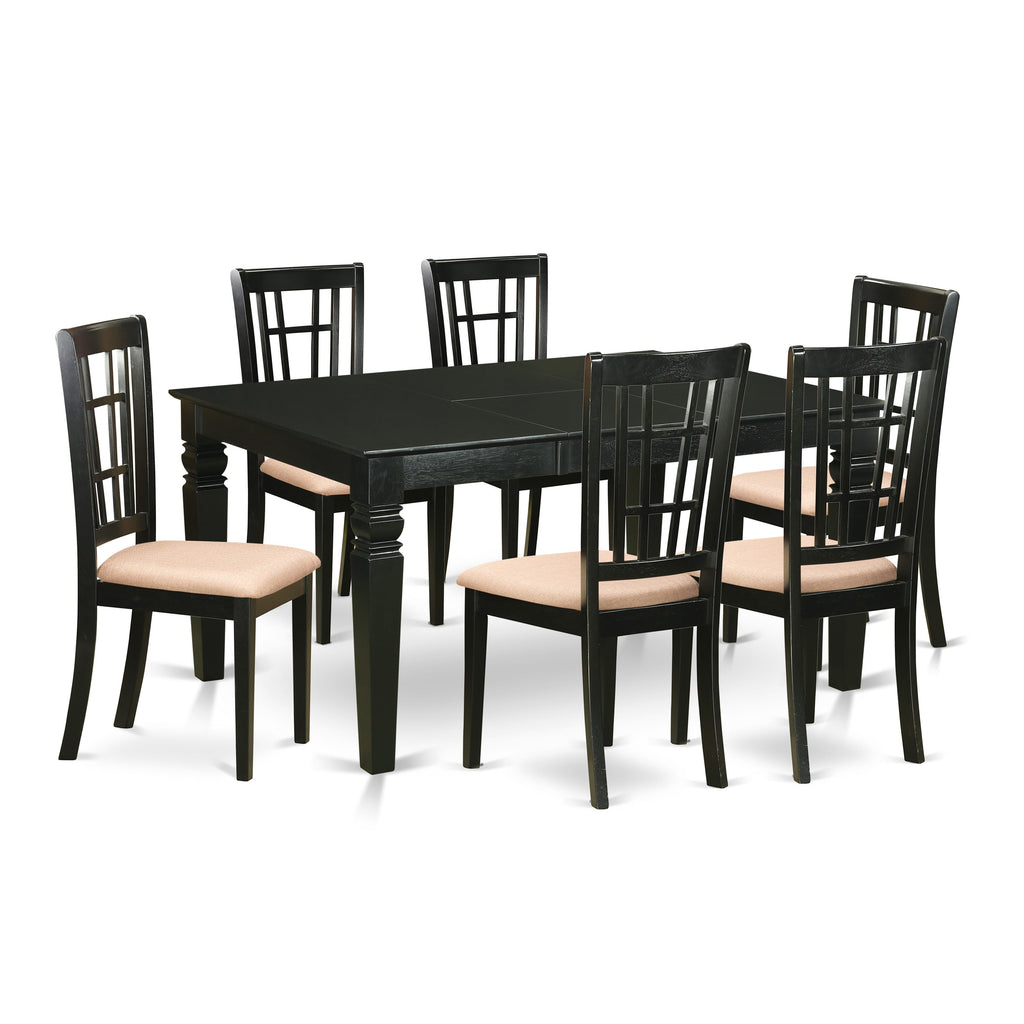 WENI7-PJV-K Set 7-Piece Black Dining Room Ensemble featuring Rectangle Table with Butterfly Leaf & Upholstered Linen Chairs