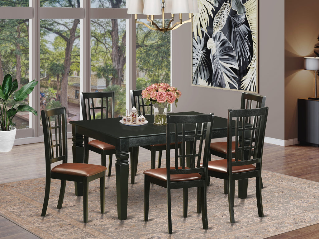 WENI7-9CK-FA 7-Piece Dining Set with Expandable Rectangle Table & 6 Stylish Faux Leather Chairs, 42x60, Black