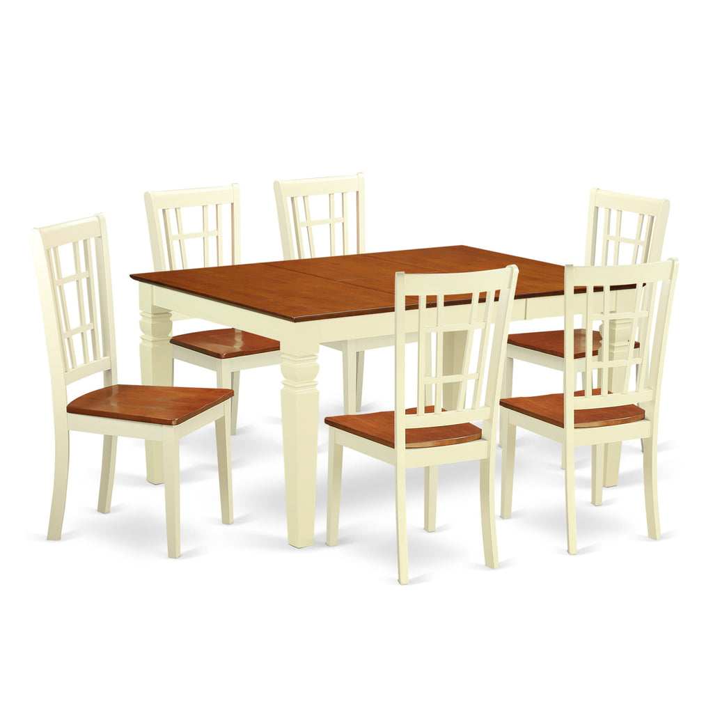 WENI7-FUR-V 7-Piece Dining Set with Expandable Table and 6 Chairs, Buttermilk & Cherry Finish, 42x60 Inch