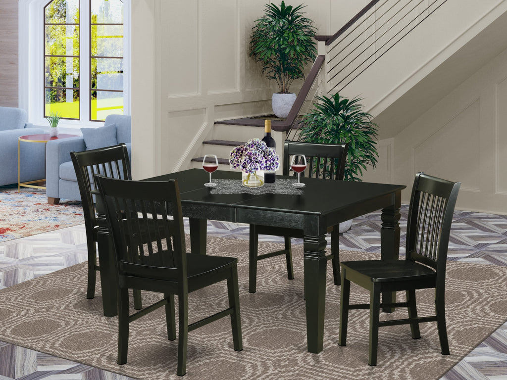 WENO5-RZA-6 Compact 5-Piece Dining Set Expandable Rectangular Table with Butterfly Leaf & 4 Wood Chairs in Sleek Black Finish