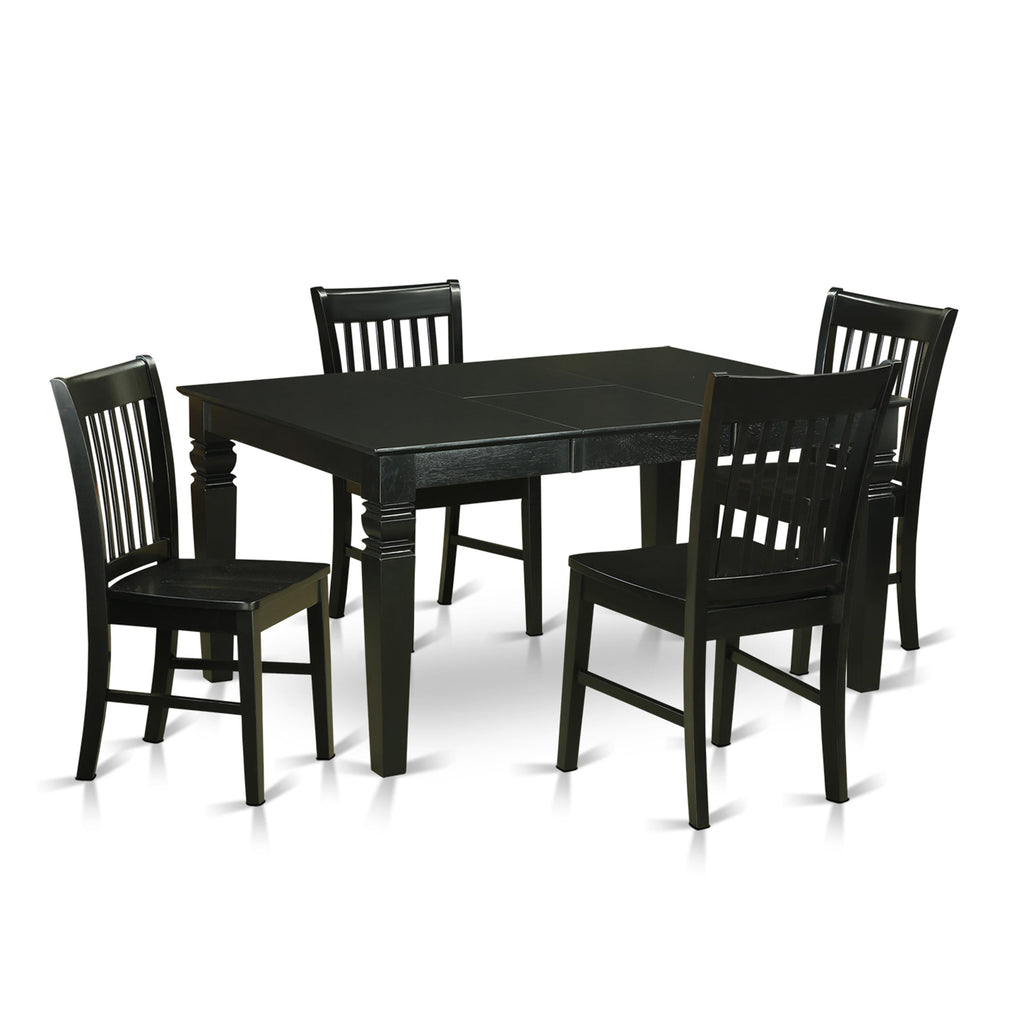 WENO5-RZA-6 Compact 5-Piece Dining Set Expandable Rectangular Table with Butterfly Leaf & 4 Wood Chairs in Sleek Black Finish