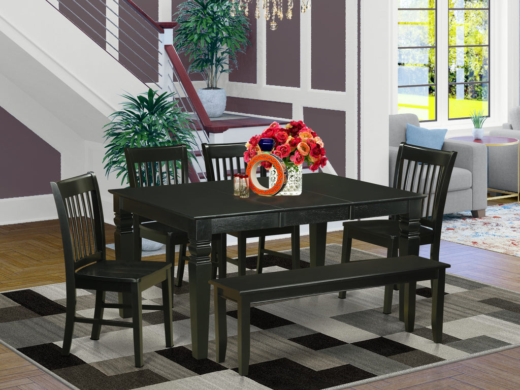 WENO6C-D1E-T 6-Piece Dining Ensemble Rectangular Table with Leaf, Chair Quartet & Bench, 42x60, Black