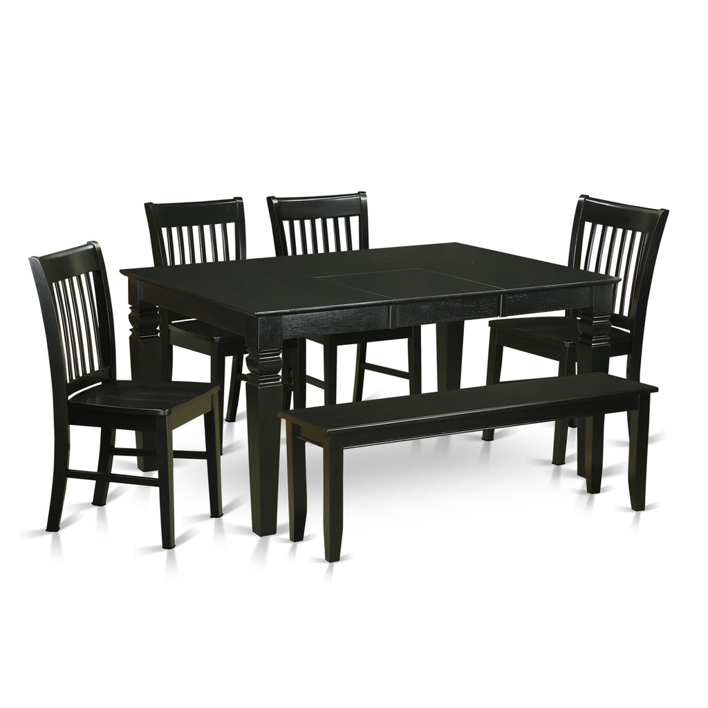WENO6C-D1E-T 6-Piece Dining Ensemble Rectangular Table with Leaf, Chair Quartet & Bench, 42x60, Black