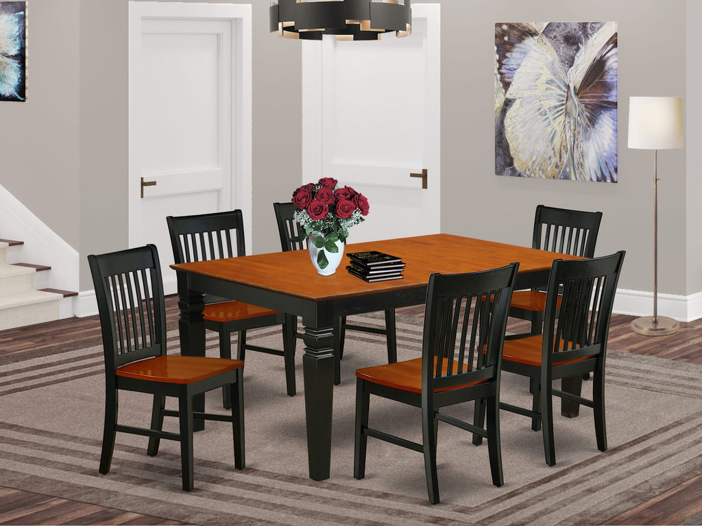 WENO7-LAB-7, Elegant 7-Piece Dining Ensemble Rectangle Table with Leaf Extension and 6 Chairs, Black & Cherry Finish