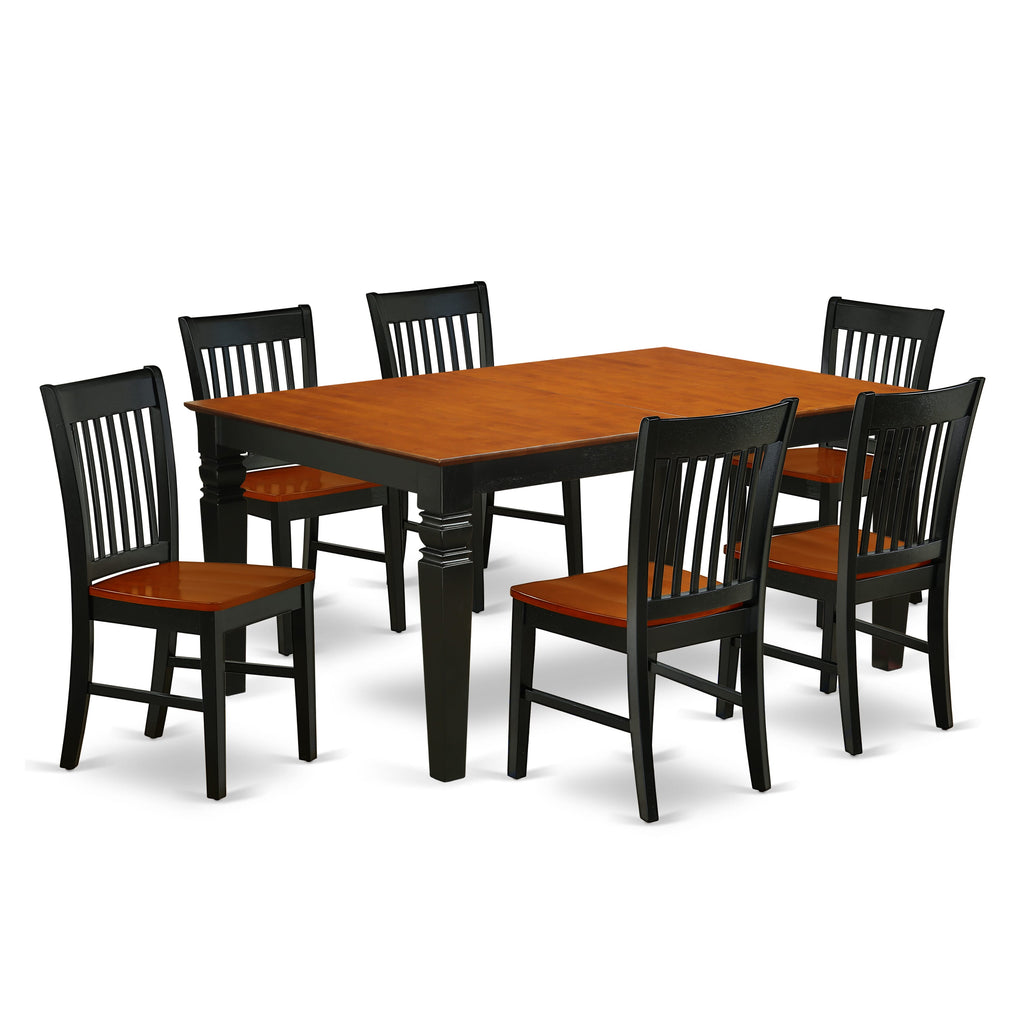 WENO7-LAB-7, Elegant 7-Piece Dining Ensemble Rectangle Table with Leaf Extension and 6 Chairs, Black & Cherry Finish