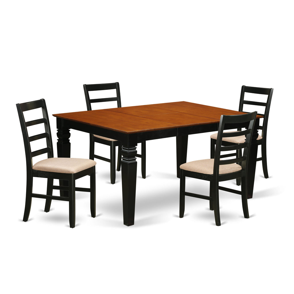 Modern WEPF5-2P3-S 5-Piece Dining Ensemble with Extendable Table and 4 Fabric Chairs in Black & Cherry