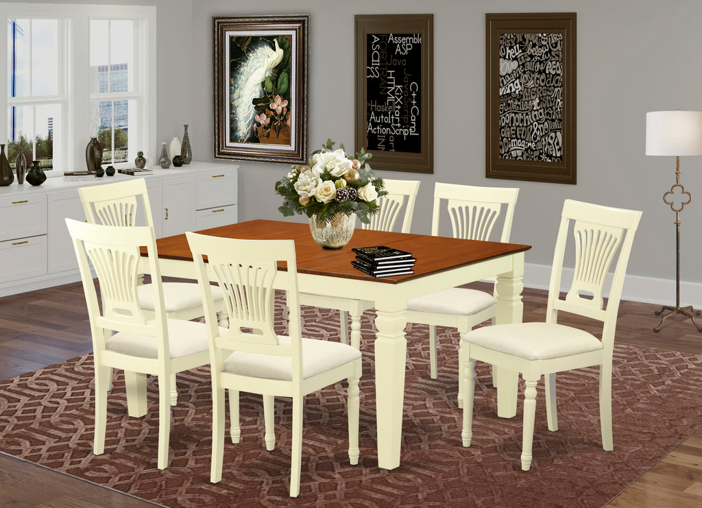 WEPL7-1TX-B 7-Piece Dining Set Includes Extendable Kitchen Table and Six Soft Fabric Chairs, 42x60 Inches, Buttermilk & Cherry