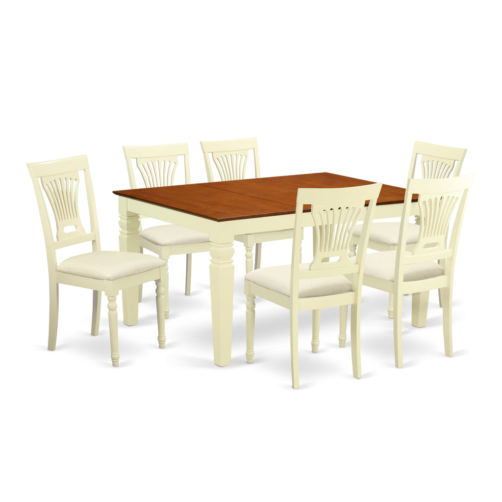 WEPL7-1TX-B 7-Piece Dining Set Includes Extendable Kitchen Table and Six Soft Fabric Chairs, 42x60 Inches, Buttermilk & Cherry