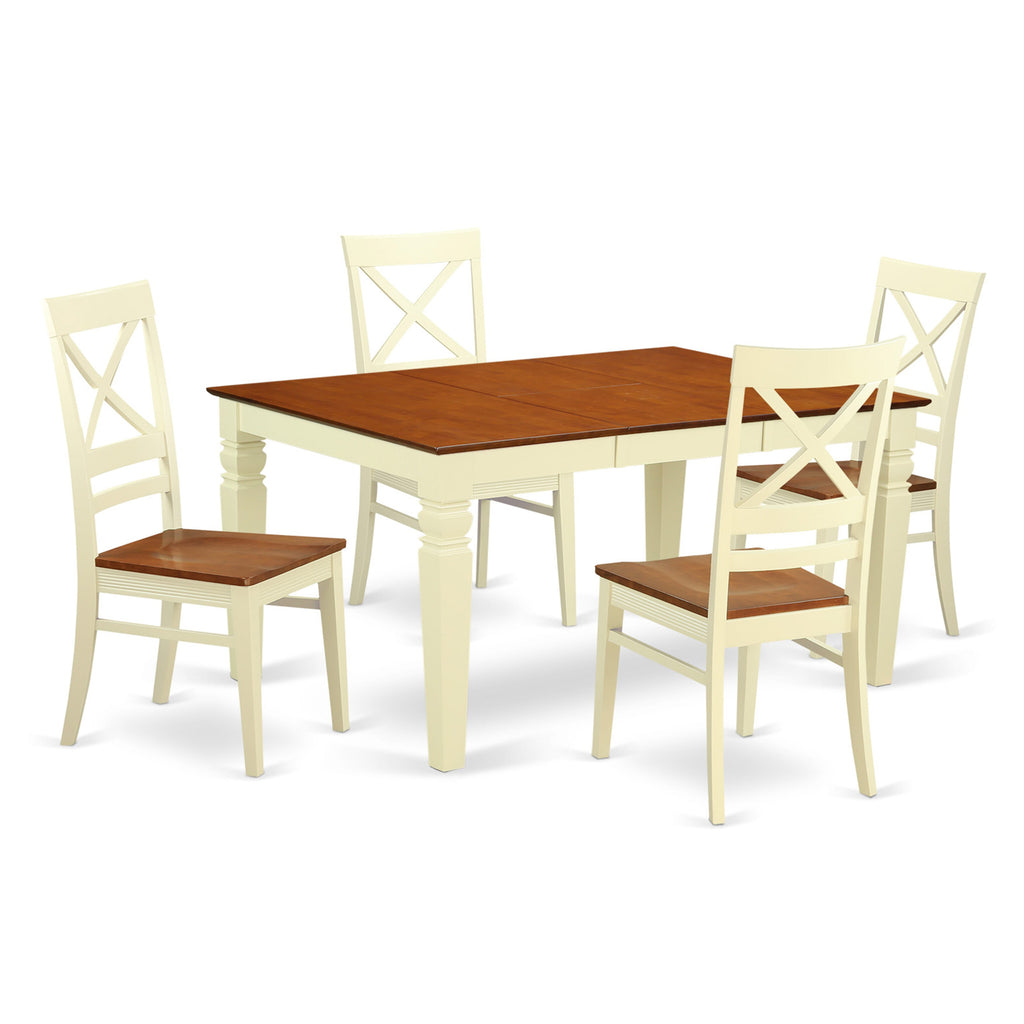 Exquisite WEQU5-4ME-M 5-Piece Dining Ensemble with Rectangle Table, Butterfly Leaf & 4 Chairs, Cream & Cherry