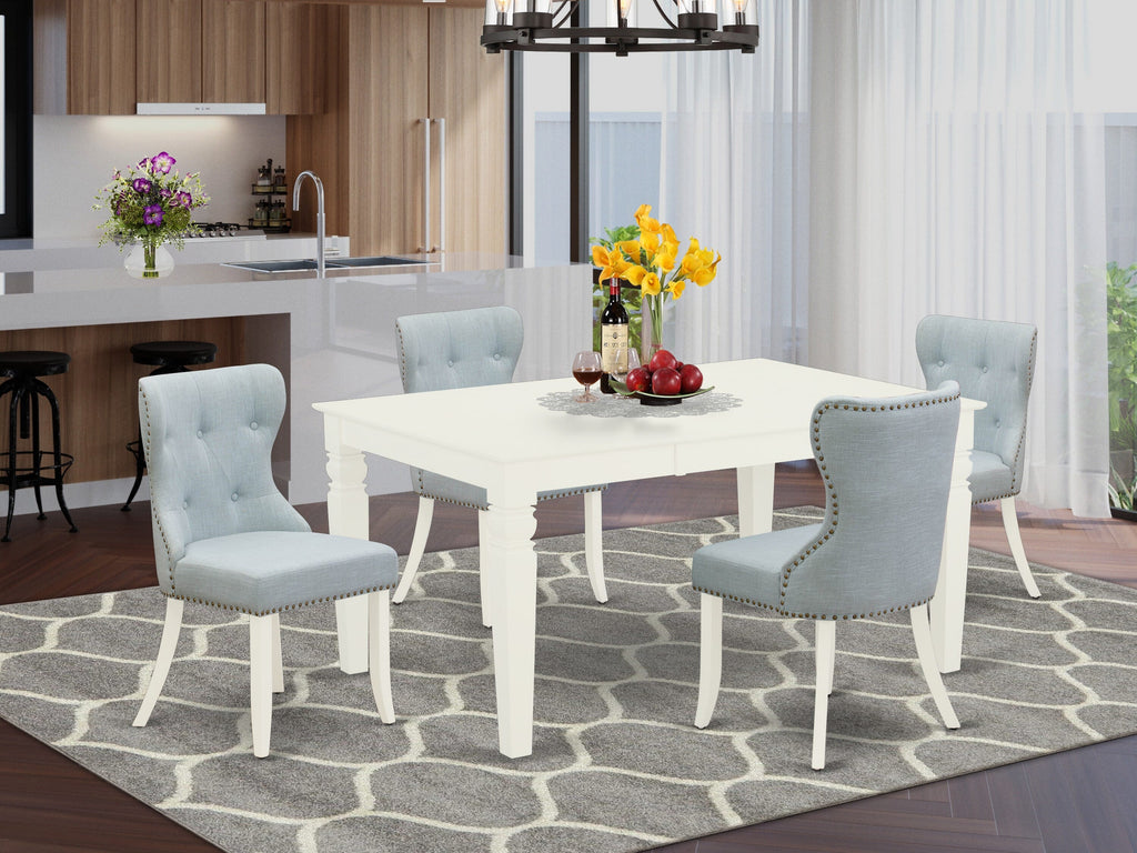 WESI5-MBQ-RN 5-Piece Dining Banquet Ensemble with Expandable Table & 4 Luxe Blue Upholstered Seats, Linen White Finish