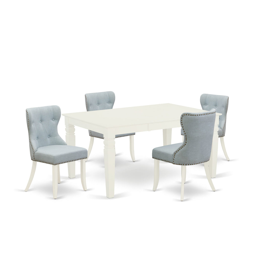 WESI5-MBQ-RN 5-Piece Dining Banquet Ensemble with Expandable Table & 4 Luxe Blue Upholstered Seats, Linen White Finish