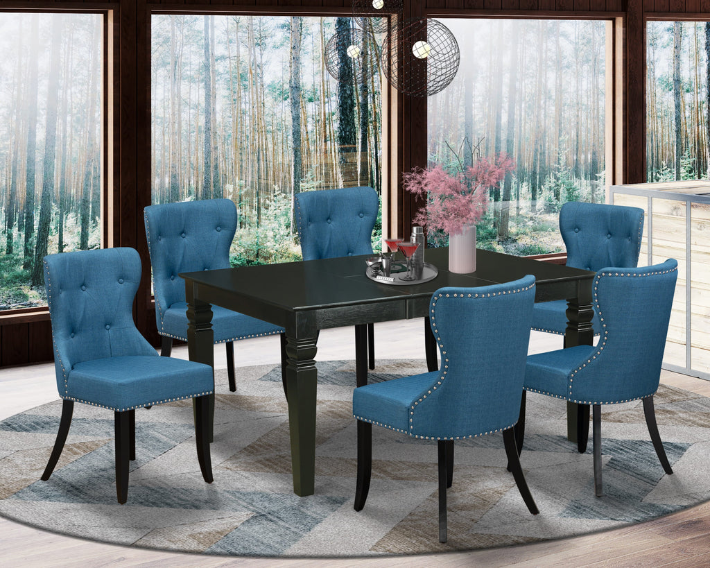 Wicker Set WESI7-M2S-YV 7-Piece Dining Collection with Table & 6 Blue Linen Chairs