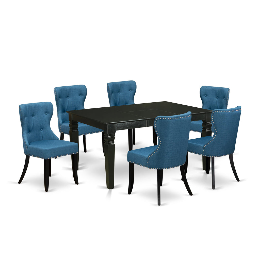 Wicker Set WESI7-M2S-YV 7-Piece Dining Collection with Table & 6 Blue Linen Chairs